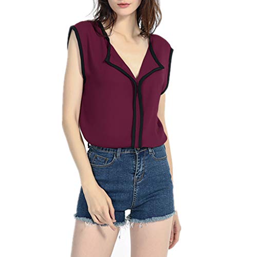 Túnica de Gasa sin Mangas Yvelands Ventas Sexy para Mujer Top con Cuello en v Casual Sólido Fresco Dulce Camisa Blusa(Vino,L)