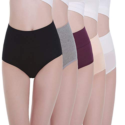 Tuuhaw Bragas para mujer, paquete de 5, braguitas, braga-faja, algodón, talle alto, transpirable Multicolor. L