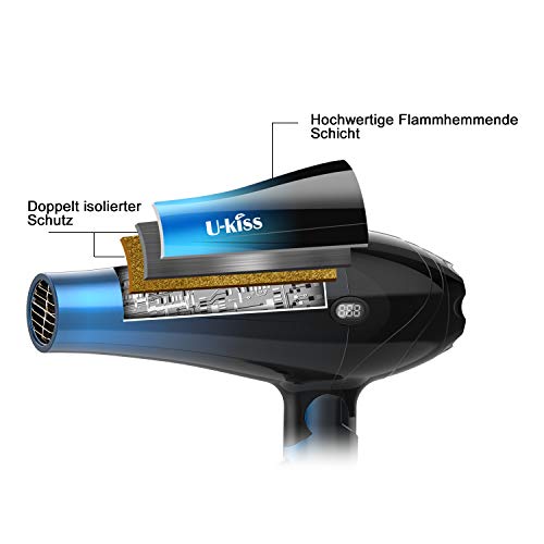 U-Kiss Secador de Pelo, función iónica,mango plegable,3 niveles de temperatura y 2 velocidades,Incluye boquilla concentradora de aire, protección contra el sobrecalentamiento,2000W