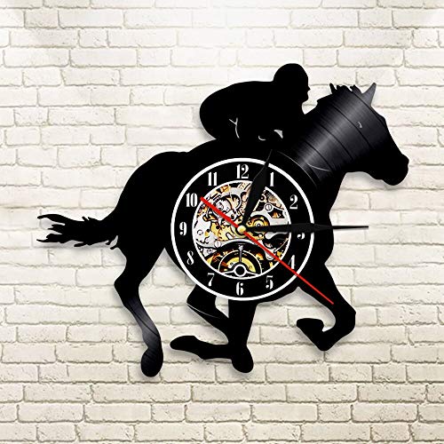 UIOLK Jinete Caballo Silueta LED retroiluminación Animal Disco de Vinilo Reloj de Pared decoración del hogar Reloj de Pared Regalo Amante de la equitación