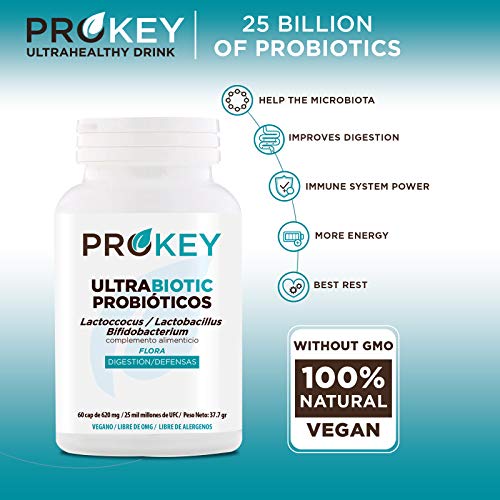 Ultrabiotic Probióticos 25 mil millones ufc. 8 Cepas Bacterianas: Lactobacillus, Lactococcus, Bifidobacterium. Sistema inmune y Digestiones. 60 Cápsulas - 2 meses.