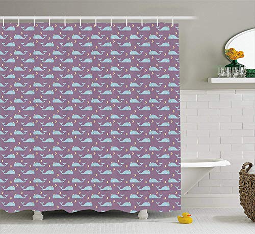 Under The Sea Shower Curtain, Crown Wearing and Sleeping Whales in The Night with Moon, Cloth Fabric Bathroom Decor Set with Hooks, Peach Baby Blue and Grey Pink,72 X 72 Inches,Multicolor