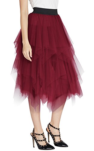 Urban GoCo Mujeres Enagua Falda Corta Midi Tul Damas Cintura Elástica Asimetricas Tutu Falda para Fiesta Danza (S, Vino Rojo)