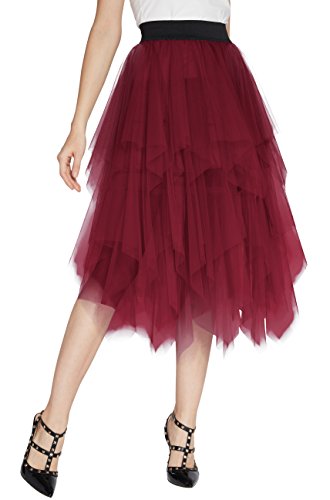 Urban GoCo Mujeres Enagua Falda Corta Midi Tul Damas Cintura Elástica Asimetricas Tutu Falda para Fiesta Danza (S, Vino Rojo)