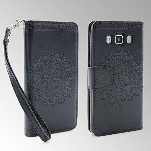 Urcover Funda Libro Compatible con Samsung Galaxy J3 Wallet Case Lotus Pattern Eco Cuero Carcasa Protectora con Tapa Cierre magnetico, Billetera para Tarjetas Flip Cover - Negro