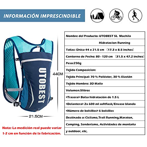 UTOBEST Mochila Hidratacion Trail Running 5L Ligera Chaleco Hidratacion Running Hombre Mujer para Correr Ciclismo