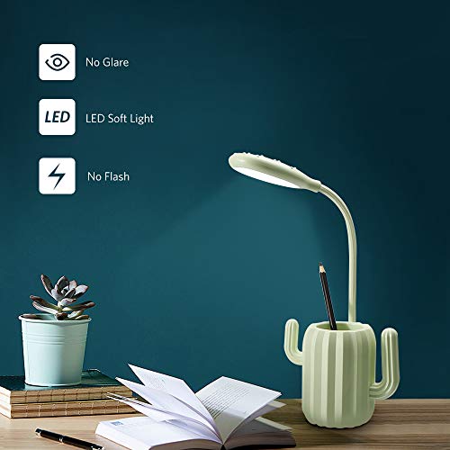 VADIV Lámpara Escritorio Led,Niño Cactus Flexo Lámpara de Mesa con Portalápices de Mesa USB Regulable Recargable 3 Modos Para Leer Estudiar Protege a Ojos - Verde