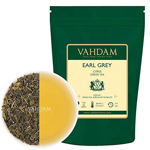 VAHDAM, Earl Grey Green Tea Hoja suelta (100 tazas) | ANTIOXIDANTES PODEROSOS Y FUERTES | Earl Grey de hojas sueltas con hojas de té verde puro | Preparar como té caliente o té helado | 100gr (juego de 2)