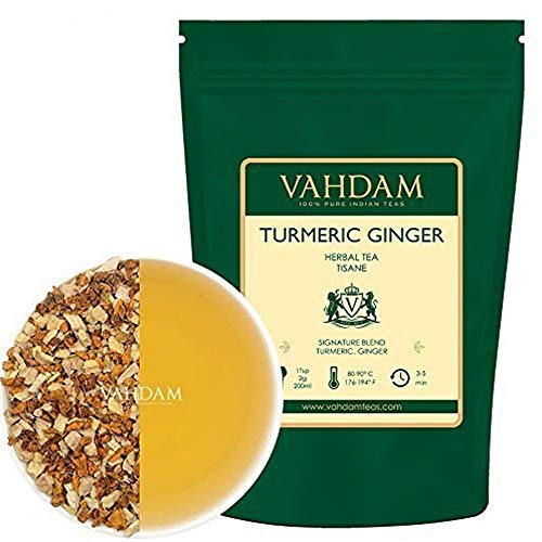 VAHDAM, SUPERALIMENTO Mezcla Cúrcuma + Jengibre (+100 Tazas) | Té de Hierbas SIN CAFEÍNA | POTENTES Propiedades INMUNIZANTES | 100% NATURAL | Probar como TÉ FRÍO o Infusión Caliente con Leche | 200g