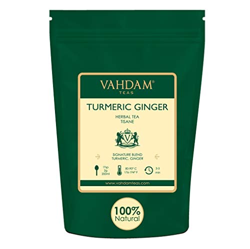 VAHDAM, SUPERALIMENTO Mezcla Cúrcuma + Jengibre (+100 Tazas) | Té de Hierbas SIN CAFEÍNA | POTENTES Propiedades INMUNIZANTES | 100% NATURAL | Probar como TÉ FRÍO o Infusión Caliente con Leche | 200g