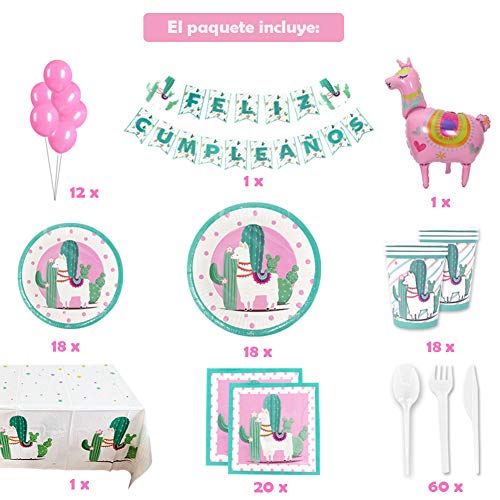 Vajilla Cumpleaños niña de llama, Decoraciones Fiesta Cumpleaños Infantil de Alpaca Cactus y Cubiertos Desechable de Plásticos - Kit Cumpleaños Infantil para 18 Invitados