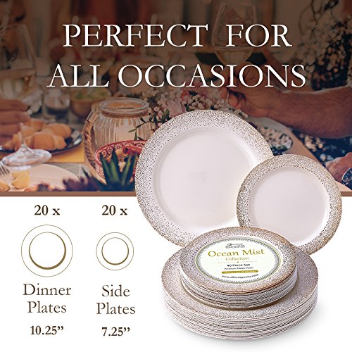 VAJILLA PARA FIESTAS DESECHABLE DE 40 PIEZAS | 20 platos grandes | 20 platos para ensalada/postre | Platos de plástico resistente | Para bodas y comidas de lujo (Ocean Mist Collection – Marfil/Oro)