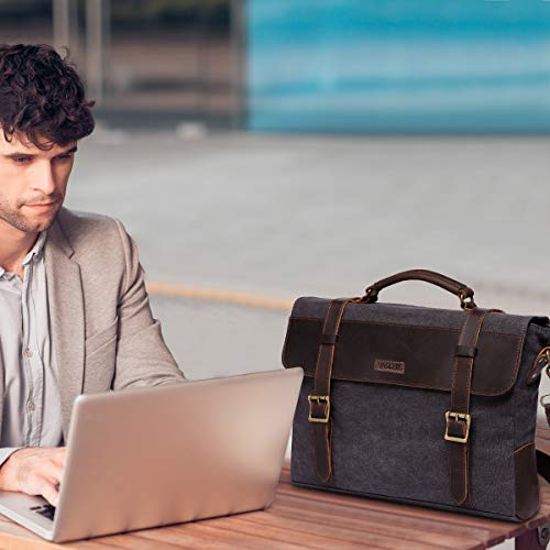 VASCHY Bolso Hombre, Bolsos Bandolera Hombre Lona Cuero Bolsa Mensajero Vintage Maletas para Ordenador 14 Pulgadas Maletin Caballero Escuela Trabajo Gris