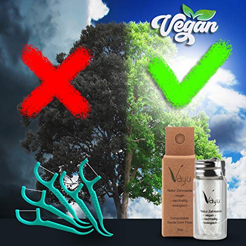 Vayu - Hilo dental vegano natural (frasco de cristal), recargable, 30 metros, sin plástico, en cristal, sabor a menta