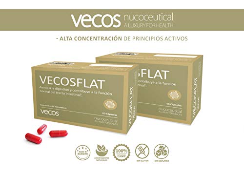 Vecosflat para la eliminación física y fisiológica de gases y la sensación de hinchazón – Suplemento con carbón activo (400 mg) para el alivio intestinal y contra las flatulencias – 60 cápsulas