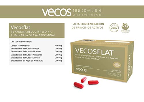 Vecosflat para la eliminación física y fisiológica de gases y la sensación de hinchazón – Suplemento con carbón activo (400 mg) para el alivio intestinal y contra las flatulencias – 60 cápsulas