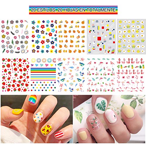 VEGCOO 20 Hojas Nail Art Stickers Uñas Decoración Pegatinas de Arte, Frutas Flores Hojas Mariposas Flamencos 3D Uñas Art Pegatinas Autoadhesiva Decorativas