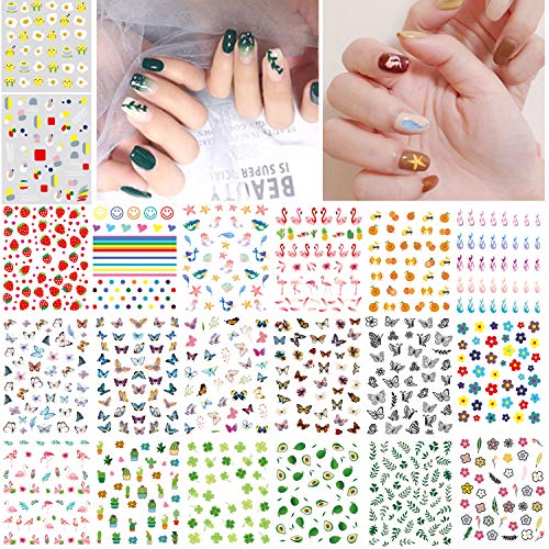 VEGCOO 20 Hojas Nail Art Stickers Uñas Decoración Pegatinas de Arte, Frutas Flores Hojas Mariposas Flamencos 3D Uñas Art Pegatinas Autoadhesiva Decorativas