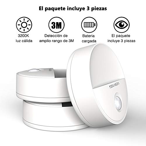 VESKYAO Luz de Noche con Sensor de Movimiento (3 Packs) con Almohadillas Adhesivas y Imán Integrado, Luz Presencia LED Pilas para Armario, Dormitorio, Escalera, Pasillo, Cocina, Baño, Garaje