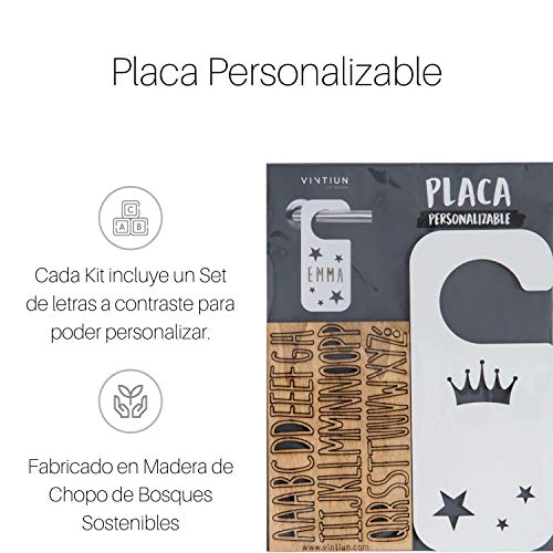 VINTIUN Nombre para Puerta Habitación Infantil. Placa Decorativa Personalizada para Bebé, Niño o Niña. Regalo Original para niños o Bebes. (Blanco, Colgador Corona)