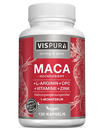 VISPURA® Maca Pura en Cápsulas, Altamente Concentrada con 5000 mg + L-Arginina + Vitamina B6, B12 + OPC + Zinc, 120 Cápsulas de Maca Andina para 1 Mes, sin Aditivos Innecesarios, Calidad Alemana