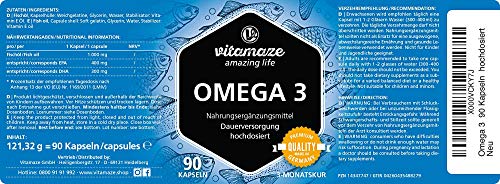 Vitamaze® Omega 3 Capsulas 1000 mg de Dosis Potentes, Puro Aceite de Pescado con 400 mg (40%) EPA y 300 mg (30%) de DHA por Cápsula de Gelatina blanda para 3 Meses, IFOS Certificado, Calidad Alemana