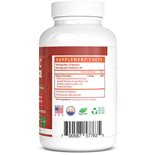 Vitamina C Liposomal - 1200mg - 180 Cápsulas Vegetales - Complejo Liposomal C Propietario con Fosfatidilcolina (PC) de Lecitina de Girasol