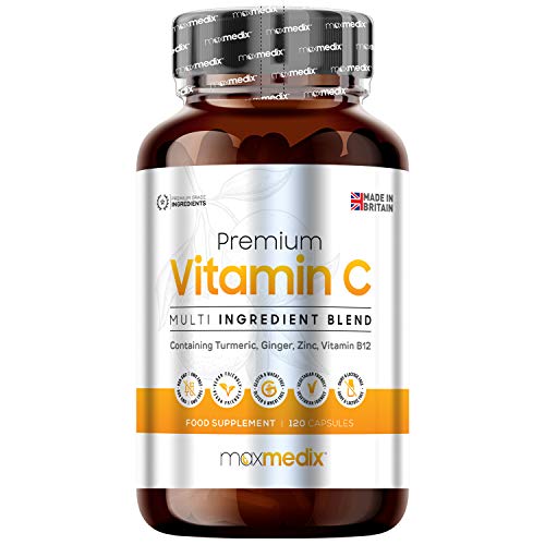 Vitamina C Premium Dosis Alta de Vitamina C, Zinc, Selenio y Hierro - Multivitaminas y Minerales, Estimula Sistema Inmunológico, Disminuye Cansancio, Con Jengibre y Ajo Negro, 120 Cápsulas Veganas