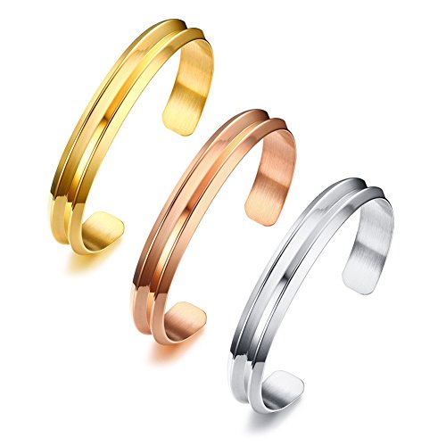 VNOX 3 Piezas de Acero Inoxidable Banda de Pelota Groove Open Cuff Bangle,Paquete de 3(Silver + Gold + Rose)