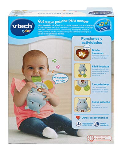 VTech- HIPO mordedor Hipopótamo de Peluche Musical y sonajero Que Ayuda a calmar y aliviar a tu Bebe con tiernas Frases, Canciones y melodías, Color Azul (3480-502522)