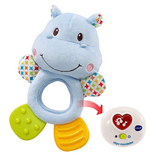 VTech- HIPO mordedor Hipopótamo de Peluche Musical y sonajero Que Ayuda a calmar y aliviar a tu Bebe con tiernas Frases, Canciones y melodías, Color Azul (3480-502522)