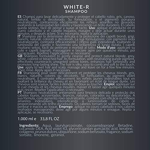 White-R - Champú Matizador de Cabello Rubio, Gris, Canoso, Nautral, Teñido o Decolorado | Con Pigmento Azul Neutralizante para Eliminar Reflejos Amarillos, Sin Siliconas y de Uso Profesional