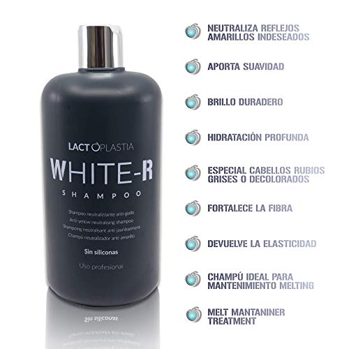 White-R - Champú Matizador de Cabello Rubio, Gris, Canoso, Nautral, Teñido o Decolorado | Con Pigmento Azul Neutralizante para Eliminar Reflejos Amarillos, Sin Siliconas y de Uso Profesional