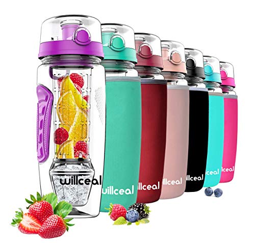 willceal Infusor de Frutas Botella de Agua de 32 oz,Durable con Bola de Gel de Hielo Desmontable, Grande - Tritan Libre de BPA, Tapa abatible, diseño a Prueba de Fugas - Deportes, Camping (Púrpura)