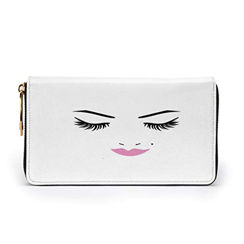 Women's Long Leather Card Holder Purse Zipper Buckle Elegant Clutch Wallet, Closed Eyes Pink Lipstick Glamor Makeup Cosmetics Beauty Feminine Design,Sleek and Slim Travel Purse