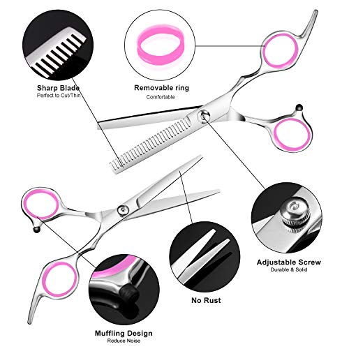 WOMGF barbero Tijeras Cortar Pelo,tijeras de peluquería con capa de barbero y peine de maquinilla de afeitar, clips,Conjunto Tijeras Peluquelo Profesional para el cabello，Rosado