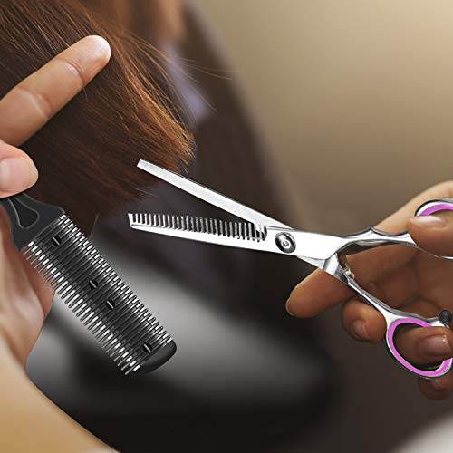 WOMGF barbero Tijeras Cortar Pelo,tijeras de peluquería con capa de barbero y peine de maquinilla de afeitar, clips,Conjunto Tijeras Peluquelo Profesional para el cabello，Rosado