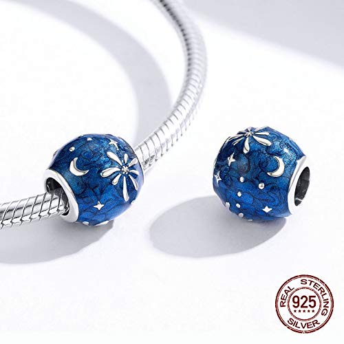 WSMWSM Fuegos Artificiales románticos Cuentas Redondas de Esmalte Azul en Forma de Encanto Pulsera Brazalete joyería Original Mujer Colgante de Bricolaje Plata de Ley 925