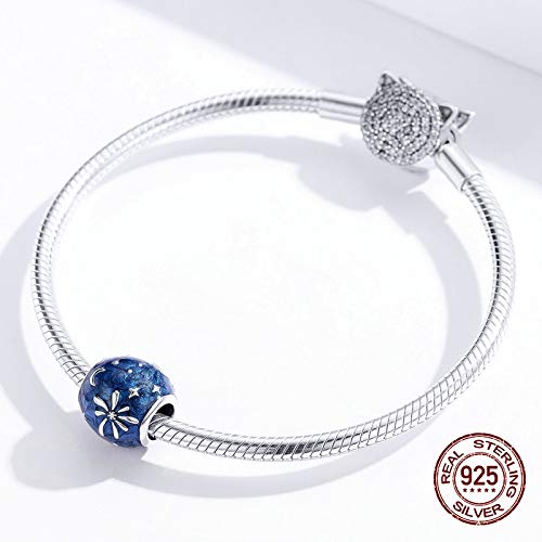 WSMWSM Fuegos Artificiales románticos Cuentas Redondas de Esmalte Azul en Forma de Encanto Pulsera Brazalete joyería Original Mujer Colgante de Bricolaje Plata de Ley 925