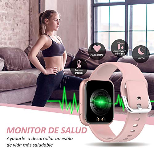 WWDOLL Smartwatch, Reloj Inteligente IP67 con Monitor Rítmo Cardíaco Sueño Podómetro Notificaciones, Reloj Deportivo 1.4 Inch Pantalla Táctil Completa Mujer para iOS y Android (Rosa)