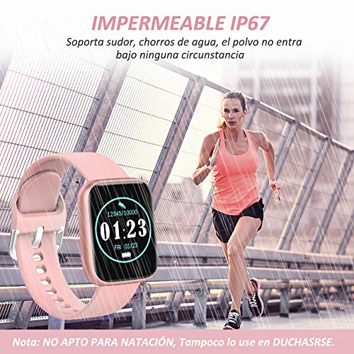 WWDOLL Smartwatch, Reloj Inteligente IP67 con Monitor Rítmo Cardíaco Sueño Podómetro Notificaciones, Reloj Deportivo 1.4 Inch Pantalla Táctil Completa Mujer para iOS y Android (Rosa)