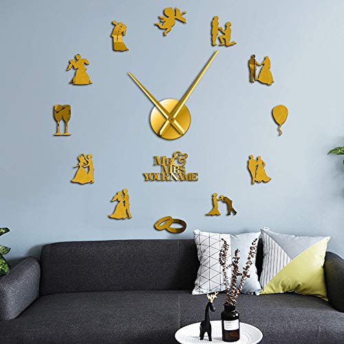 XDG Lovers Couple Engaged Custom Wedding Party Wall Art Decoration Relojes de Pared Grandes Reloj de Pared Grande Personalizado Regalo de San Valentín (Oro 、 47 Pulgadas)