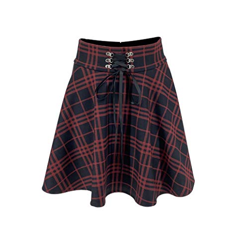 XIANGLIOOD Mujer Plaid A Line Cintura Alta Acampanada Plisada Corta Mini Négro Rojo Falda