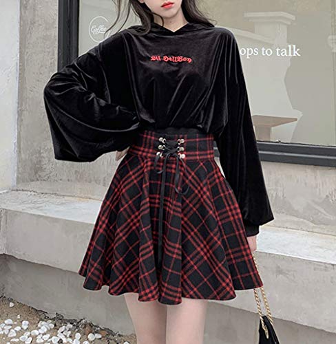 XIANGLIOOD Mujer Plaid A Line Cintura Alta Acampanada Plisada Corta Mini Négro Rojo Falda