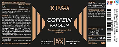 XTRAZE® Cafeína Pura Polvo en Cápsulas 200 mg de Dosis Alta, 100 Cápsulas Durante 100 Días de Uso Continuo, sin Aditivos Innecesarios, sin Sabor y anhidra, Natural Suplemento, Calidad Alemana