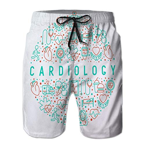 Xunulyn Bañador para Hombre Playa Shorts Cortos Shorts cardiología Concepto círculo Iconos de líneas Finas Set cardiólogo Estetoscopio Hospital pulsómetro cardiograma Latido del corazón