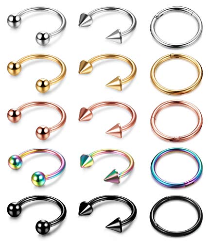 YADOCA 15 Piezas 1.2 mm Set de Acero Inoxidable Piercing Colores Mujer Nariz Piercing Herradura Anillos Labret Piercing Clicker Septum Labio Anillo Aro Helix Cartílago Tragus 8mm 10mm