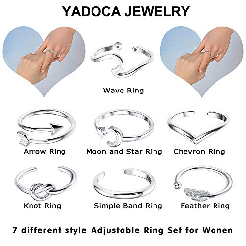 YADOCA 7 Piezas Anillo Ajustable para Mujeres Niñas Simple Anillo Ola Luna Estrella Anillo Articulado Set Anillos Mujer Regulable Plata Oro Rosa Oro