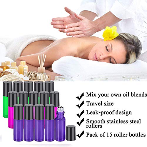 Yalbdopo - Botellas de 5 ml para aceites Esenciales, 15 Unidades - Mini Botellas de Vidrio Recargables con Bolas de Rodillo de Acero Inoxidable y Tapas Negras (3 Colores)