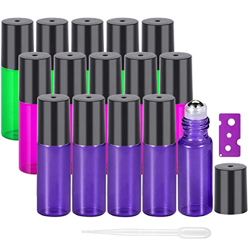 Yalbdopo - Botellas de 5 ml para aceites Esenciales, 15 Unidades - Mini Botellas de Vidrio Recargables con Bolas de Rodillo de Acero Inoxidable y Tapas Negras (3 Colores)